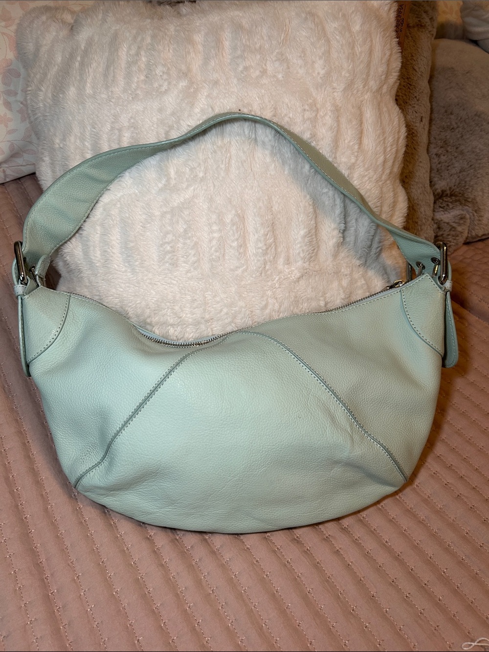 200. Furla Mint Green Pebbled Leather Hobo Bag with COA